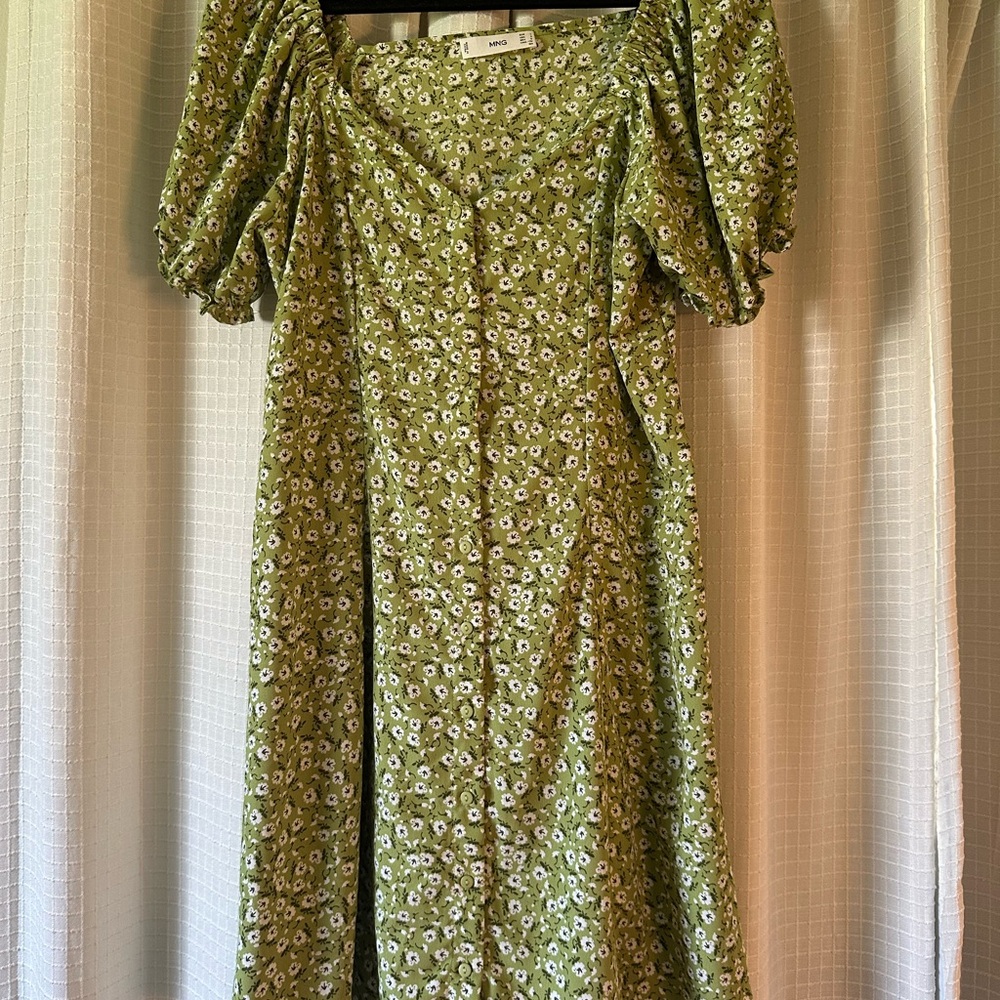Mango Green Daisy-Print Puff-Sleeve Dress